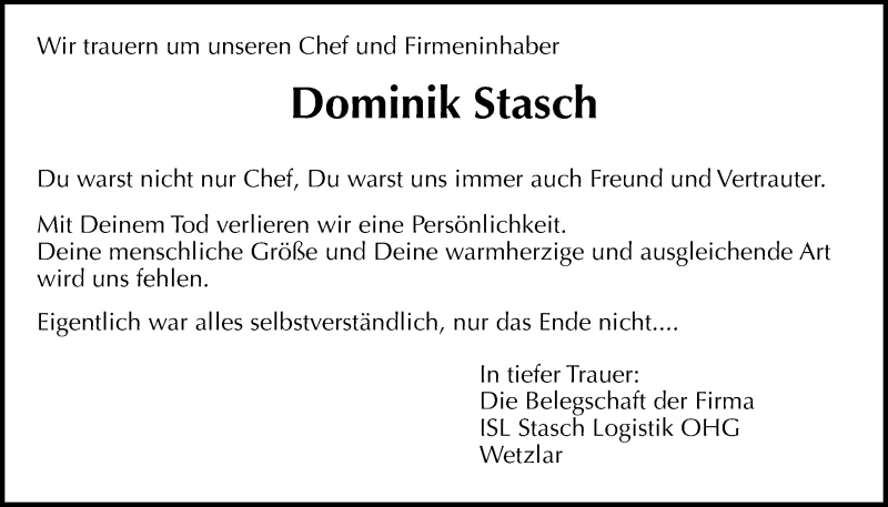  Traueranzeige für Dominik Stasch vom 06.04.2016 aus Gießener Allgemeine, Alsfelder Allgemeine