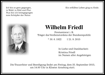 Traueranzeige von Wilhelm Friedl von Gießener Allgemeine, Alsfelder Allgemeine