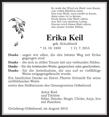 Traueranzeige von Erika Keil von Gießener Allgemeine, Alsfelder Allgemeine