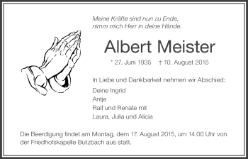Traueranzeige von Albert Meister von Wetterauer Zeitung, Wetterauer Zeitung