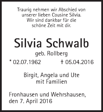Traueranzeige von Silvia Schwalb von Gießener Allgemeine, Alsfelder Allgemeine