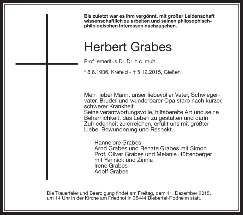  Traueranzeige für Herbert Grabes vom 09.12.2015 aus Gießener Allgemeine, Alsfelder Allgemeine