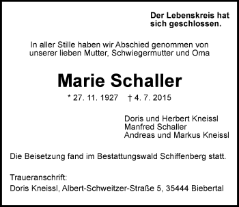 Traueranzeige von Marie Schaller von Gießener Allgemeine, Alsfelder Allgemeine
