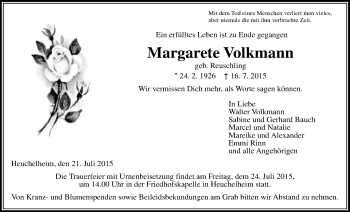 Traueranzeige von Margarete Volkmann von Gießener Allgemeine, Alsfelder Allgemeine