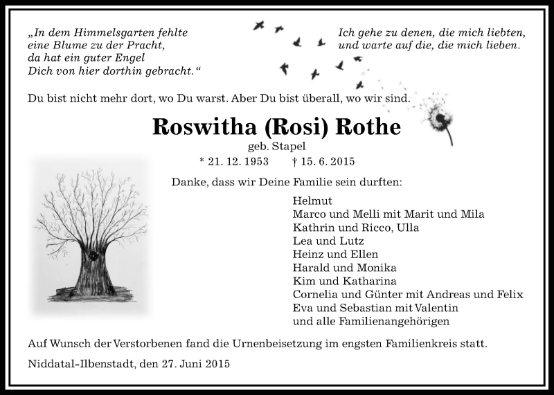 Traueranzeige für Roswitha Rothe vom 27.06.2015 aus Wetterauer Zeitung, Wetterauer Zeitung