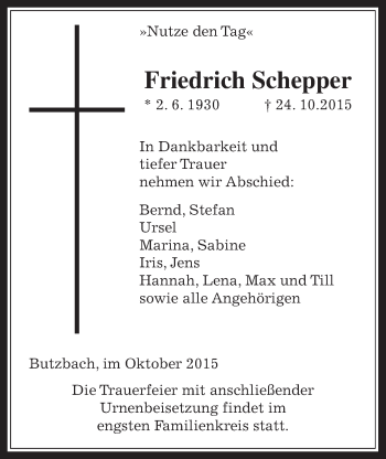 Traueranzeige von Friedrich Schepper von Wetterauer Zeitung, Wetterauer Zeitung