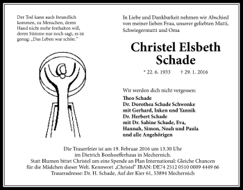 Traueranzeige von Christel Elsbeth Schade von Wetterauer Zeitung, Wetterauer Zeitung