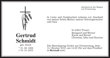 Traueranzeige von Gertrud Schmidt von Wetterauer Zeitung, Wetterauer Zeitung
