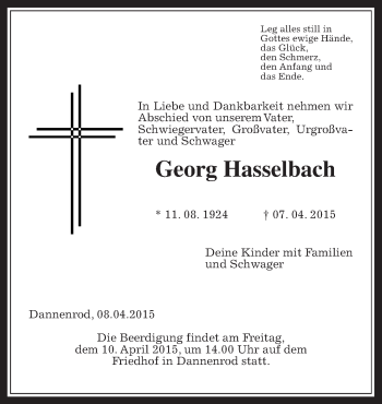 Traueranzeige von Georg Hasselbach von Alsfelder Allgemeine