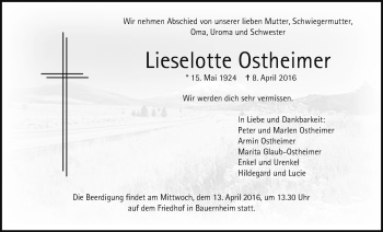 Traueranzeige von Lieselotte Ostheimer von Wetterauer Zeitung, Wetterauer Zeitung