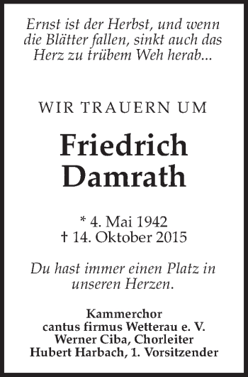 Traueranzeige von Friedrich Damrath von Gießener Allgemeine, Alsfelder Allgemeine, Wetterauer Zeitung, Wetterauer Zeitung
