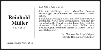 Traueranzeige von Reinhold Müller von Gießener Allgemeine, Alsfelder Allgemeine