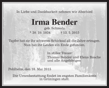 Traueranzeige von Irma Bender von Gießener Allgemeine, Alsfelder Allgemeine
