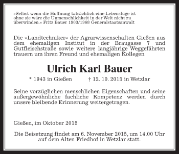 Traueranzeige von Ulrich Karl Bauer von Gießener Allgemeine, Alsfelder Allgemeine