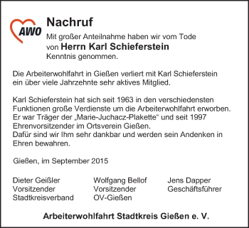 Traueranzeige von Karl Schieferstein von Gießener Allgemeine, Alsfelder Allgemeine