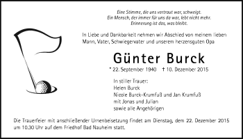 Traueranzeige von Günter Burck von Wetterauer Zeitung, Wetterauer Zeitung