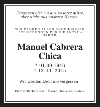 Traueranzeige von Manuel Cabrera Chica von Gießener Allgemeine, Alsfelder Allgemeine, Wetterauer Zeitung, Wetterauer Zeitung
