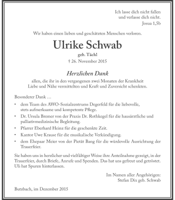 Traueranzeige von Ulrike Schwab von Gießener Allgemeine, Alsfelder Allgemeine