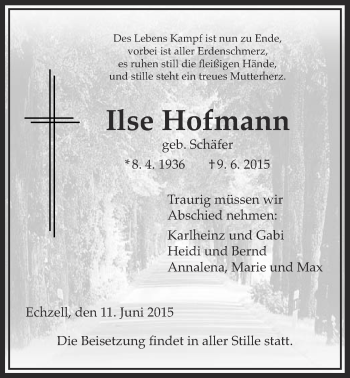 Traueranzeige von Ilse Hofmann von Wetterauer Zeitung, Wetterauer Zeitung