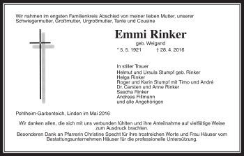 Traueranzeige von Emmi Rinker von Gießener Allgemeine, Alsfelder Allgemeine
