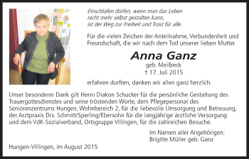 Traueranzeige von Anna Ganz von Licher Wochenblatt, Licher Wochenblatt, Licher Wochenblatt