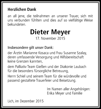 Traueranzeige von Dieter Meyer von Licher Wochenblatt, Licher Wochenblatt, Licher Wochenblatt