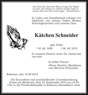 Traueranzeige von Kätchen Schneider von Gießener Allgemeine, Alsfelder Allgemeine