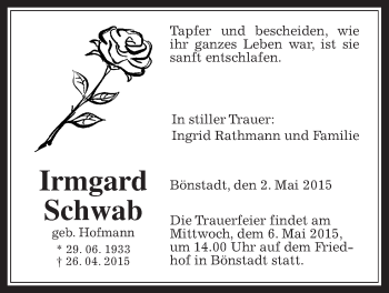 Traueranzeige von Irmgard Schwab von Wetterauer Zeitung, Wetterauer Zeitung