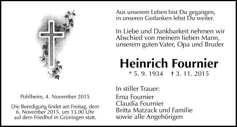  Traueranzeige für Friedrich Fournier vom 04.11.2015 aus Gießener Allgemeine, Alsfelder Allgemeine