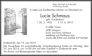 Traueranzeige von Lucie Schmaus von Gießener Allgemeine, Alsfelder Allgemeine