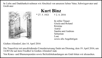Traueranzeige von Kurt Binz von Gießener Allgemeine, Alsfelder Allgemeine