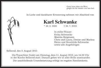 Traueranzeige von Karl Schwanke von Alsfelder Allgemeine