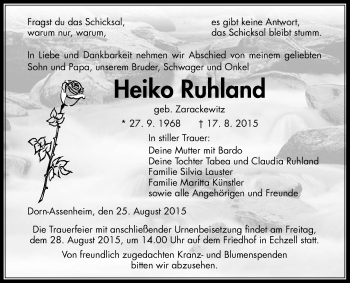 Traueranzeige von Heiko Ruhland von Wetterauer Zeitung, Wetterauer Zeitung
