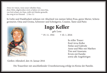 Traueranzeige von Inge Keller von Gießener Allgemeine, Alsfelder Allgemeine