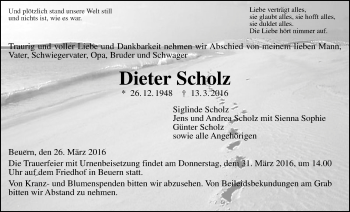 Traueranzeige von Dieter Scholz von Gießener Allgemeine, Alsfelder Allgemeine