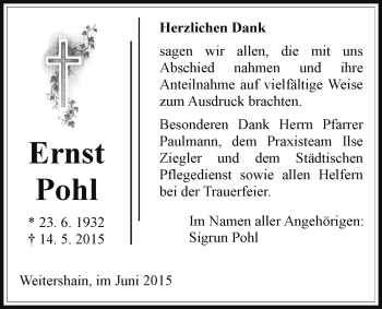 Traueranzeige von Ernst Pohl von Gießener Allgemeine, Alsfelder Allgemeine