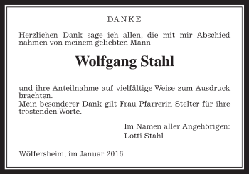 Traueranzeige von Wolfgang Stahl von Wetterauer Zeitung, Wetterauer Zeitung