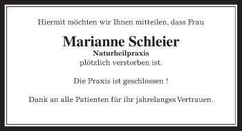 Traueranzeige von Marianne Schleier von Gießener Allgemeine, Alsfelder Allgemeine
