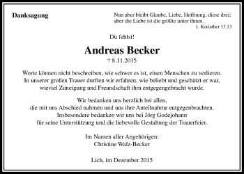 Traueranzeige von Andreas Becker von Licher Wochenblatt, Licher Wochenblatt, Licher Wochenblatt