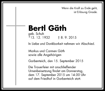 Traueranzeige von Bertl Gäth von Gießener Allgemeine, Alsfelder Allgemeine