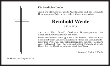 Traueranzeige von Reinhold Weide von Wetterauer Zeitung, Wetterauer Zeitung