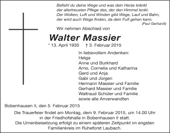 Traueranzeige von Walter Massier von Alsfelder Allgemeine