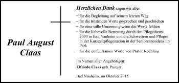 Traueranzeige von Paul August Claas von Wetterauer Zeitung, Wetterauer Zeitung