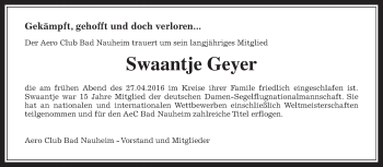 Traueranzeige von Swaantje Geyer von Wetterauer Zeitung, Wetterauer Zeitung