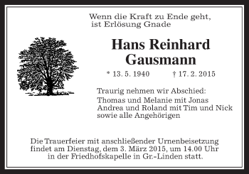 Traueranzeige von Hans Reinhard Gausmann von Gießener Allgemeine, Alsfelder Allgemeine