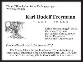 Traueranzeige von Karl Rudolf Freymann von Gießener Allgemeine, Alsfelder Allgemeine