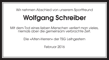 Traueranzeige von Wolfgang Schreiber von Gießener Allgemeine, Alsfelder Allgemeine