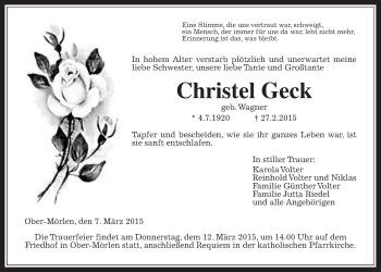 Traueranzeige von Christel Geck von Wetterauer Zeitung, Wetterauer Zeitung