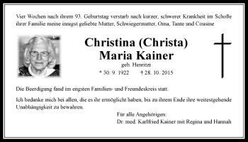 Traueranzeige von Christina Maria Kainer von Wetterauer Zeitung, Wetterauer Zeitung