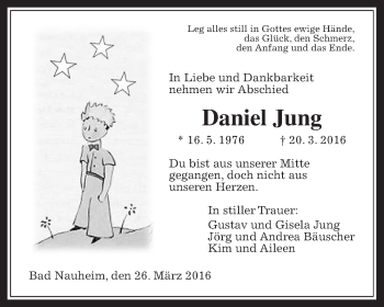 Traueranzeige von Daniel Jung von Wetterauer Zeitung, Wetterauer Zeitung